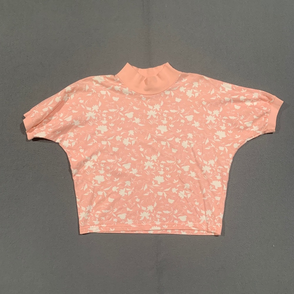 Jason Maxwell Floral Mock Neck Top Womens M Pink Vintage 90s Short Sleeve Tee